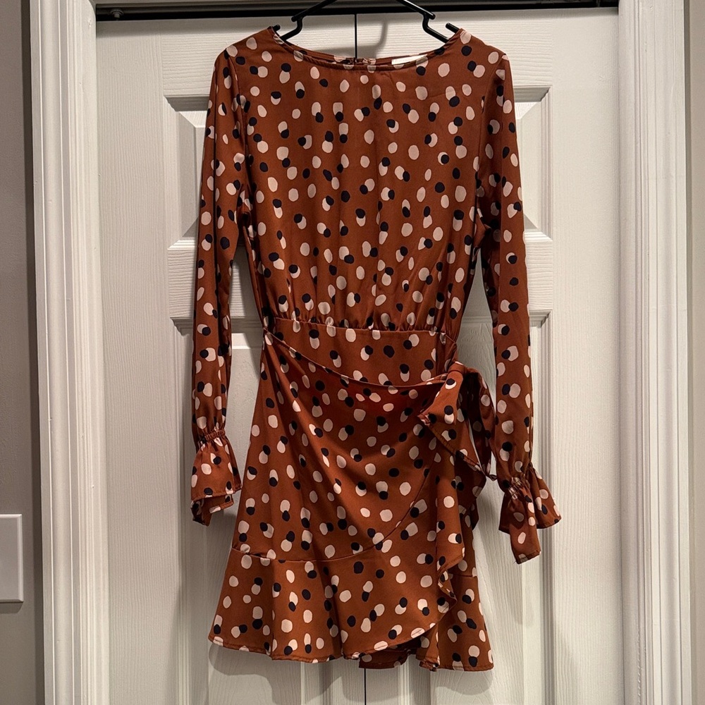Vici Brown Polka Dot Long Sleeve Dress - Medium